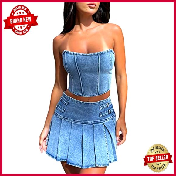 Denim Skirt Set with Pleated Ruffle Hem and Corset Tube Top - Picture 2 of 7
